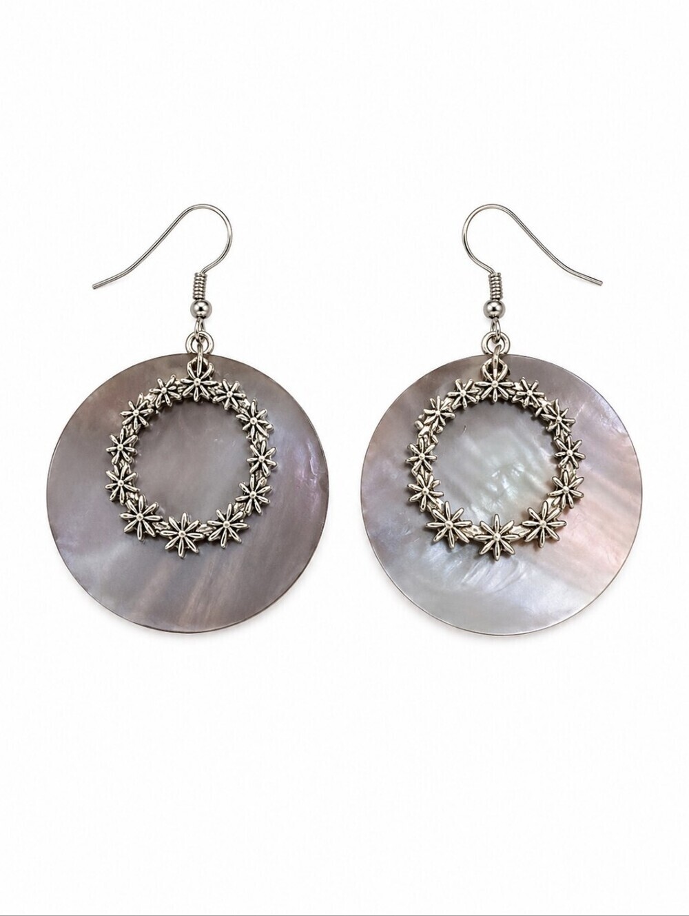 VTG Holographic Disc Shell Floral Boho Dangle Hook Earrings